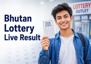 Bhutan Lottery Live Result displayed by a smiling young man holding a ticket outside a modern lottery outlet board