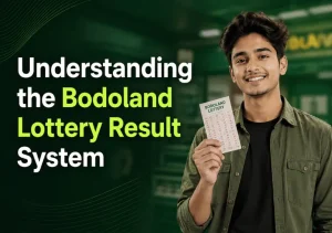 Bodo lottery Result System image with an Indian man holding a Bodoland lottery ticket.