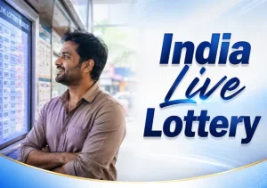 India Live Lottery result display featuring an Indian man checking live updates at a modern public lottery outlet.