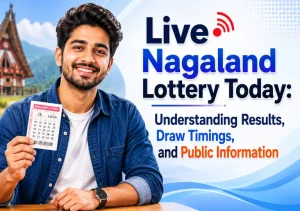 Live Nagaland Lottery Today guide with smiling Indian man holding ticket in clean modern editorial design