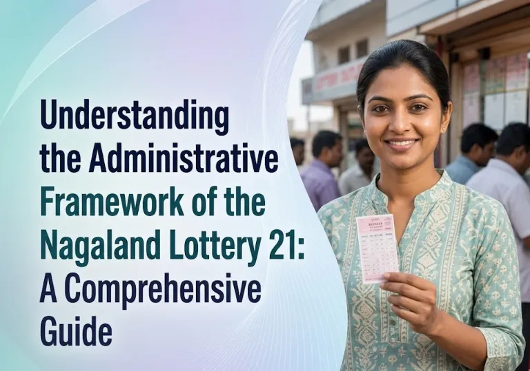 Nagaland Lottery 21 graphic showing a smiling Indian woman holding a ticket, with editorial guide text on the side.