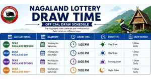 Nagaland lottery draw time infographic showing daily schedule for morning, day, evening, and night draws with timings