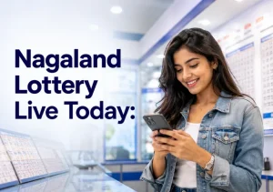 Nagaland Lottery Live Today: young woman checks results on smartphone inside clean modern lottery outlet setting