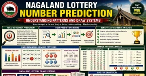 Nagaland lottery number prediction infographic showing pattern analysis, frequency trends, sample draws, and smart play tips
