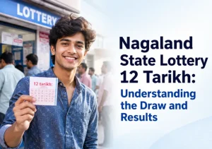 Nagaland State Lottery 12 Tarikh featured image showing a smiling young man holding a lottery ticket outside outlet.