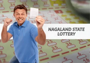 nagaland state lottery 21 10 23 featuring an excited man holding up a ticket with a background of lottery numbers.