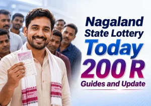 Nagaland State Lottery Today 200 R guide featuring a smiling Indian man holding a lottery ticket with modern editorial design.