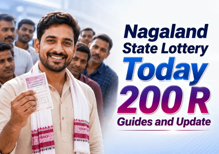 Nagaland State Lottery Today 200 R guide featuring a smiling Indian man holding a lottery ticket with modern editorial design.